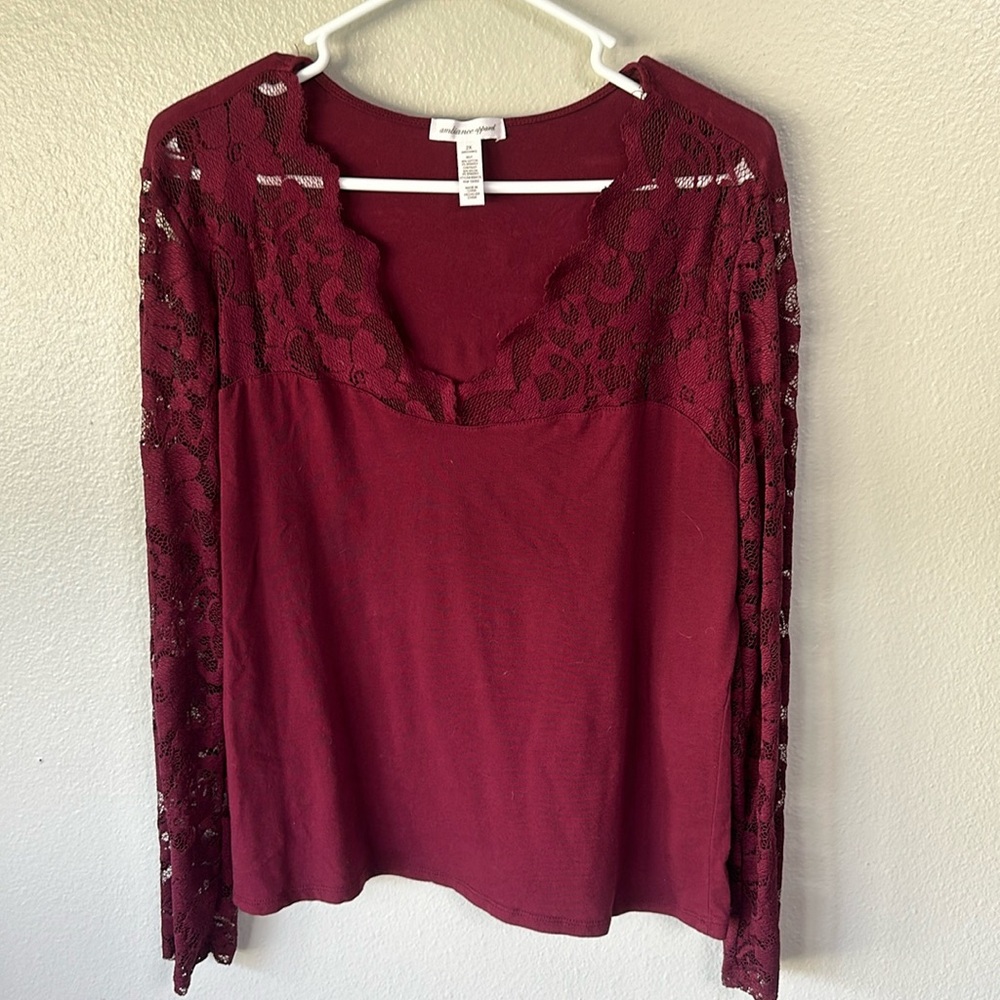Crochet Lace Sleeve Long-Sleeve Top - Burgundy